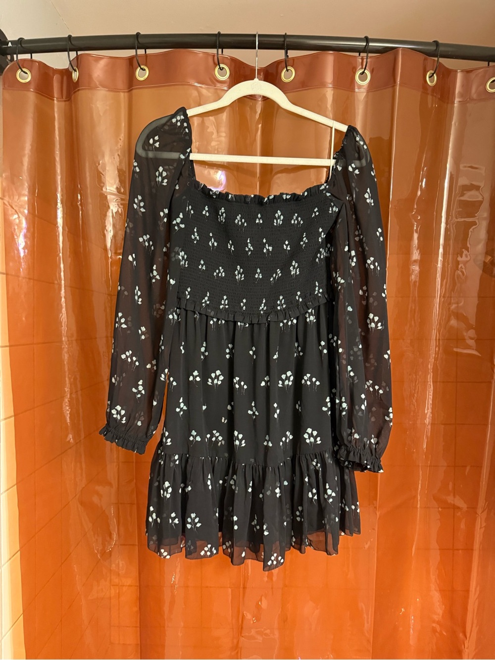 Wilfred Aritzia Black Floral Smocked Tiered Mini Dress
